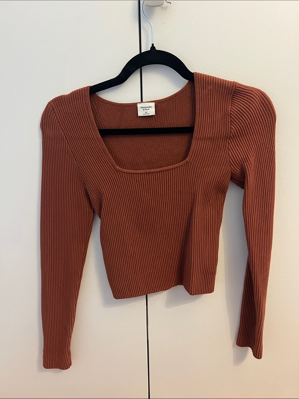 Abercrombie & Fitch Ribbed Square-Neck Long Sleeve Top - Rusty Brown